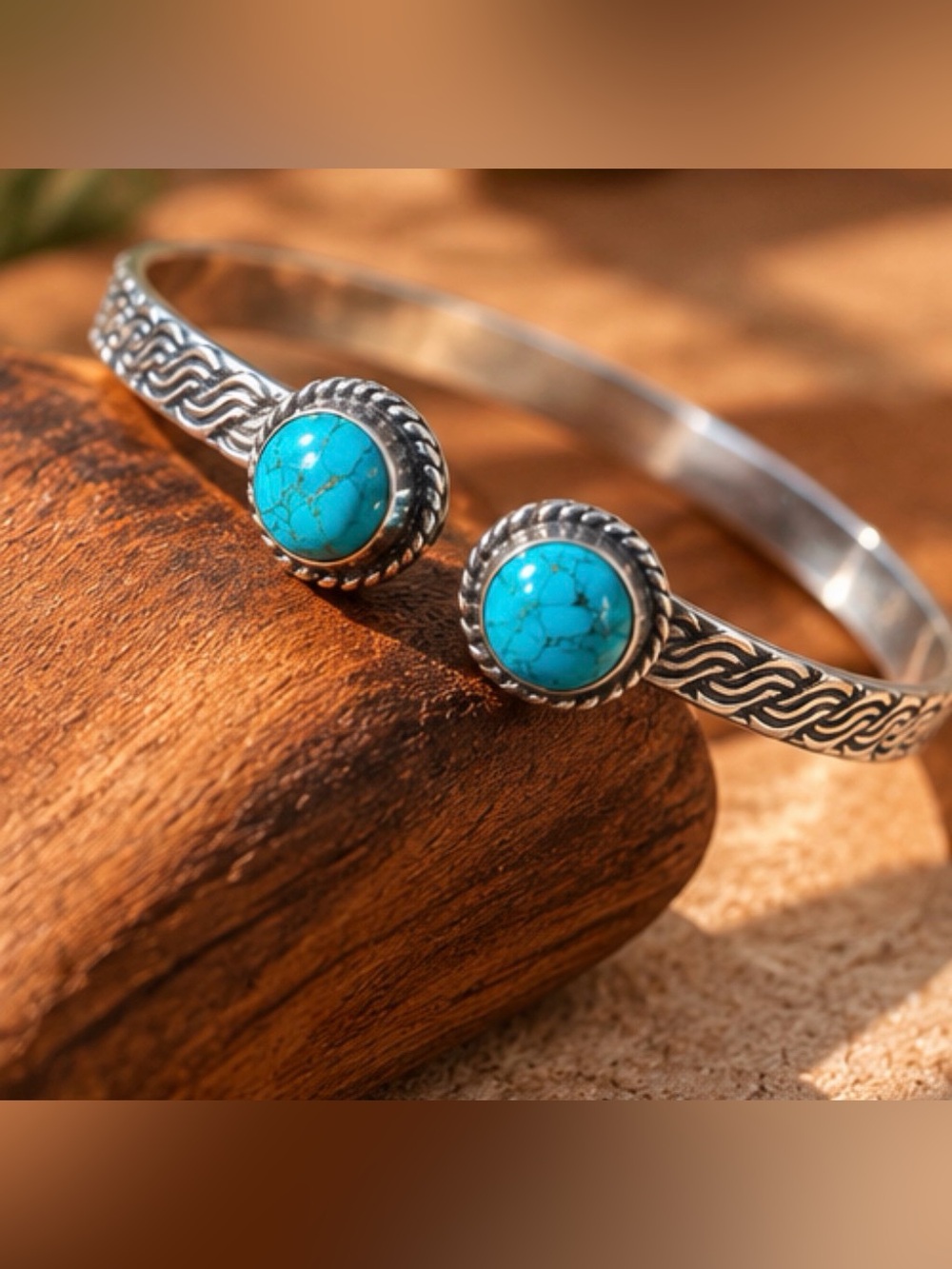 Turquoise Stone sterling Silver-Pleted Tone Cuff Bracelet
